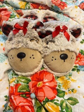 Cozy Fuzzy Bear Slippers with Red Bows